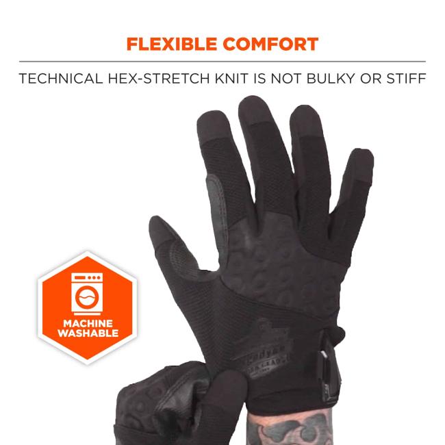 Flexible comfort: technical hex-stretch knit is not bulky or stiff. Icon says machine washable.