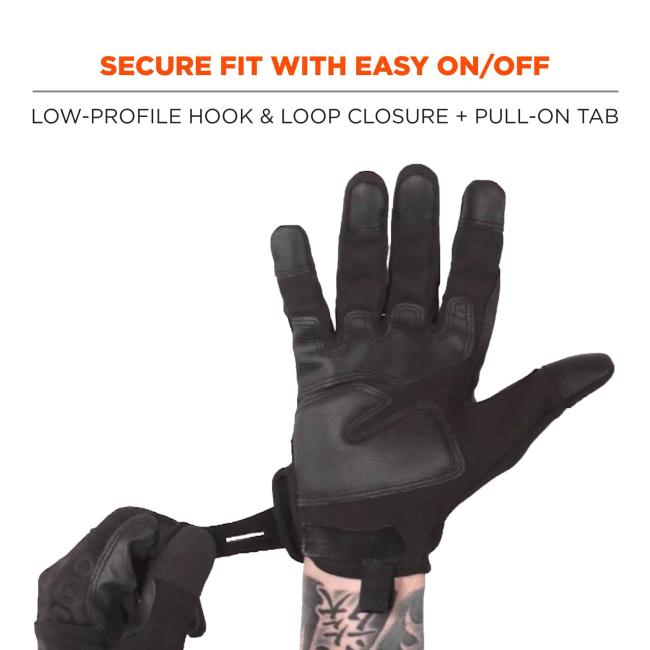 Secure fit with easy on/off: low-profile hook & loop closure + pull-on tab