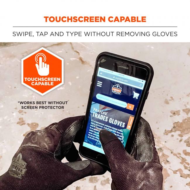 Touchscreen capable: swipe, tap and type without removing gloves. Icon says” touchscreen capable. *Work best without screen prootector
