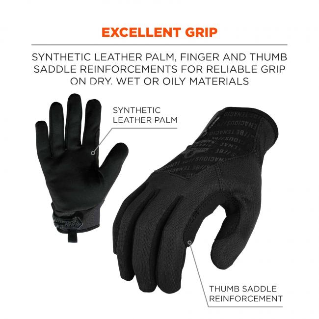 Excellent grip: Synthetic leather palm, finger and thumb saddle reinforcements for reliable grip soon dry, wet or oily materials. Arrows point to gloves and say synthetic leather palm and thumb saddle reinforcement. 