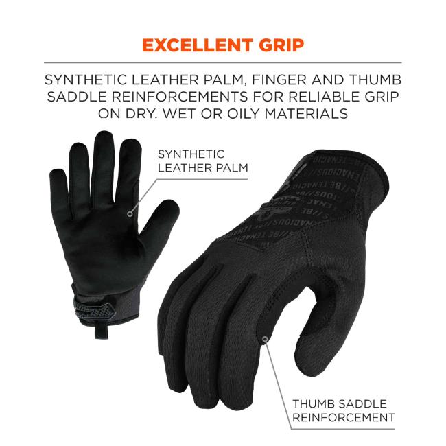 Excellent grip: Synthetic leather palm, finger and thumb saddle reinforcements for reliable grip soon dry, wet or oily materials. Arrows point to gloves and say synthetic leather palm and thumb saddle reinforcement.