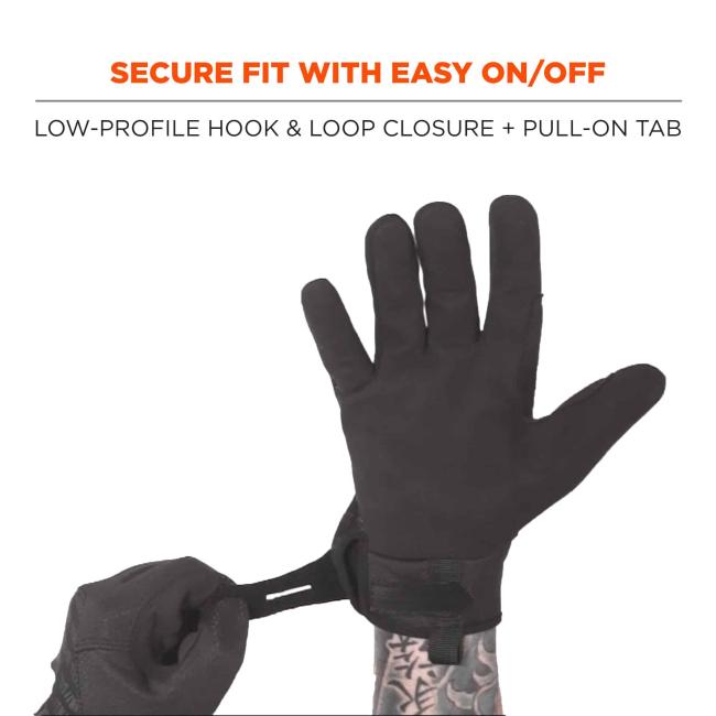 Secure fit with easy on/off: low-profile hook & loop closure + pull-on tab