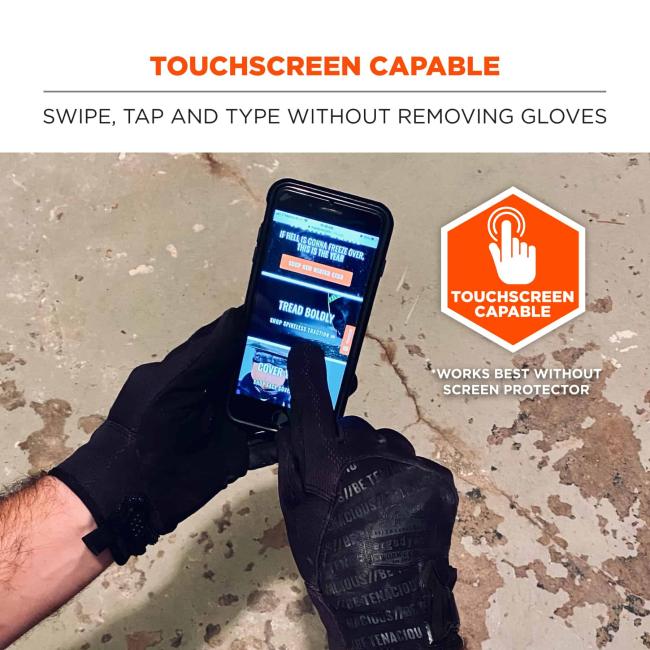 Touchscreen capable: swipe, tap and type without removing gloves. Icon says” touchscreen capable. *Work best without screen prootector