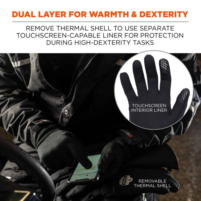 Dual layer for warmth & dexterity: remove thermal shell to use separate touchscreen-capable liner for protection during high-dexterity tasks. Image shows removable thermal shell removed while person uses touch screen. Inside bubble it says touchscreen interior liner. 