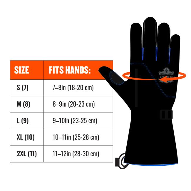 Size chart; line shows where to measure hand, on palm right before fingers start. Size XS (6) fits hands: up to 7in (18cm). Size S (7) fits hands: 7-8in (18-20cm). Size M (9) fits hands: 8-9in (10-23cm). Size L (9) fits hands: 9-10in (23-25cm). Size XL (10) fits hands: 10-11in (25-28cm). Size 2XL (11) fits hands: 11-12in (28-30cm). Size 3XL (12) fits hands: 12-13in (30-32cm)