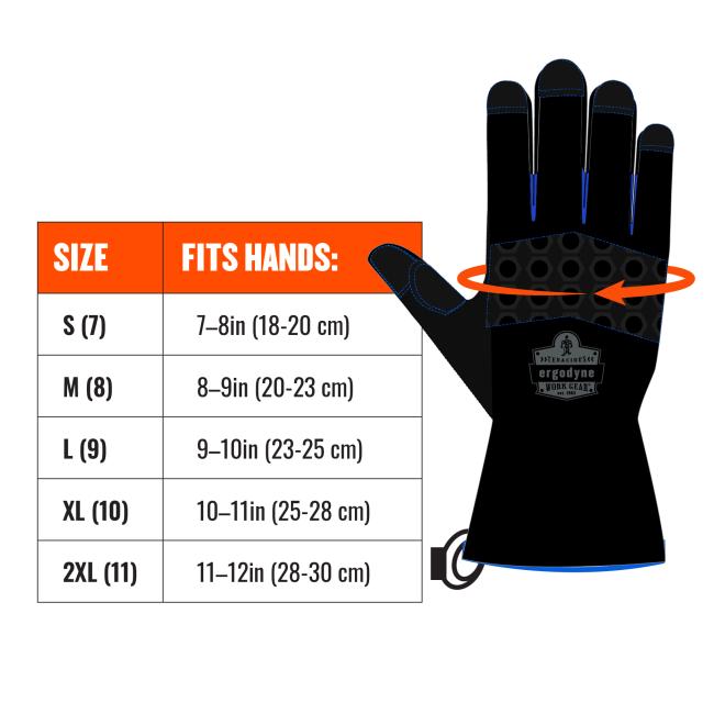 Size chart; line shows where to measure hand, on palm right before fingers start. Size XS (6) fits hands: up to 7in (18cm). Size S (7) fits hands: 7-8in (18-20cm). Size M (9) fits hands: 8-9in (10-23cm). Size L (9) fits hands: 9-10in (23-25cm). Size XL (10) fits hands: 10-11in (25-28cm). Size 2XL (11) fits hands: 11-12in (28-30cm). Size 3XL (12) fits hands: 12-13in (30-32cm)