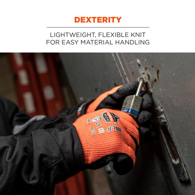Dexterity: lightweight, flexible knit for easy material handling. Person in photo using tools while wearing gloves .
