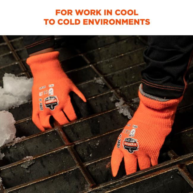 For work in cool to cold environments. Image is person working in the cold wearing gloves. 