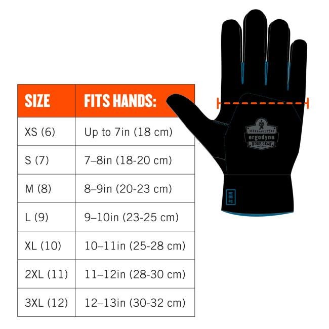 Size chart; line shows where to measure hand, on palm right before fingers start. Size XS (6) fits hands: up to 7in (18cm). Size S (7) fits hands: 7-8in (18-20cm). Size M (9) fits hands: 8-9in (10-23cm). Size L (9) fits hands: 9-10in (23-25cm). Size XL (10) fits hands: 10-11in (25-28cm). Size 2XL (11) fits hands: 11-12in (28-30cm). Size 3XL (12) fits hands: 12-13in (30-32cm)