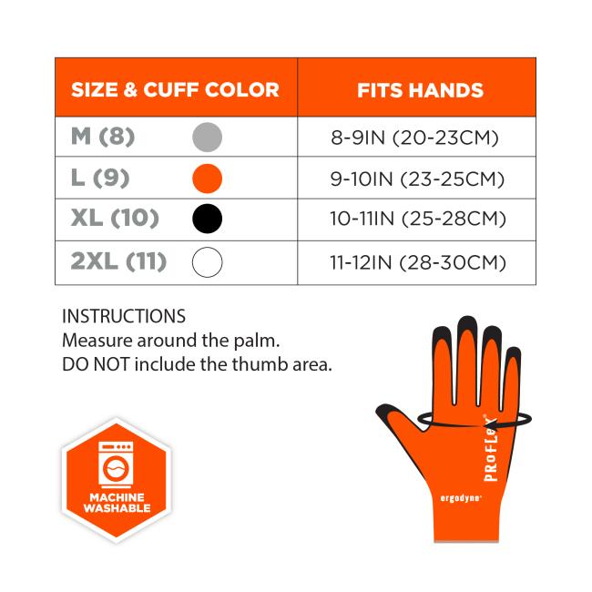 Size chart; line shows where to measure hand, on palm right before fingers start. Size XS (6) fits hands: up to 7in (18cm). Size S (7) fits hands: 7-8in (18-20cm). Size M (9) fits hands: 8-9in (10-23cm). Size L (9) fits hands: 9-10in (23-25cm). Size XL (10) fits hands: 10-11in (25-28cm). Size 2XL (11) fits hands: 11-12in (28-30cm). Size 3XL (12) fits hands: 12-13in (30-32cm) .