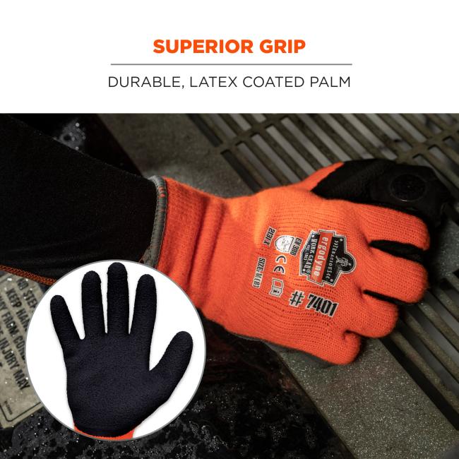 Superior grip: durable, latex coated palm. Image shows palm detail. 