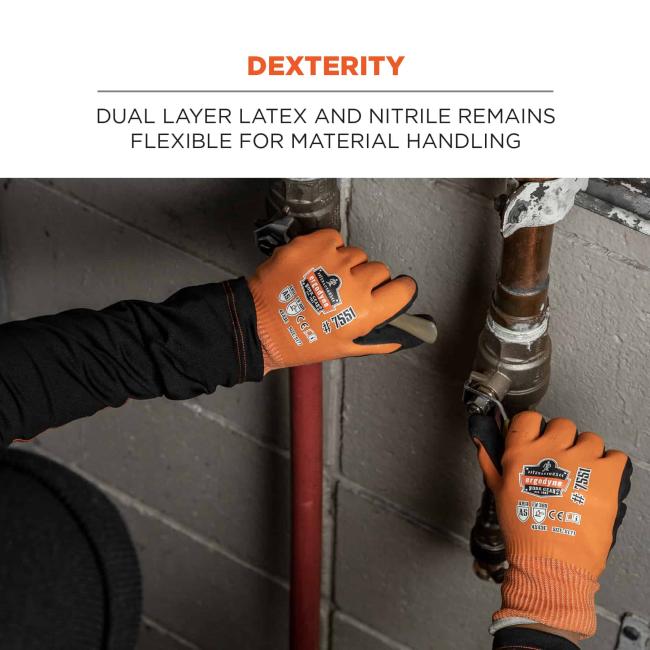 Dexterity: dual layer latex and nitrile remains flexible for material handling