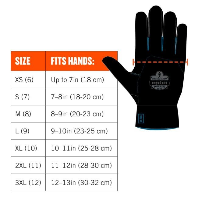 Size chart; line shows where to measure hand, on palm right before fingers start. Size XS (6) fits hands: up to 7in (18cm). Size S (7) fits hands: 7-8in (18-20cm). Size M (9) fits hands: 8-9in (10-23cm). Size L (9) fits hands: 9-10in (23-25cm). Size XL (10) fits hands: 10-11in (25-28cm). Size 2XL (11) fits hands: 11-12in (28-30cm). Size 3XL (12) fits hands: 12-13in (30-32cm)