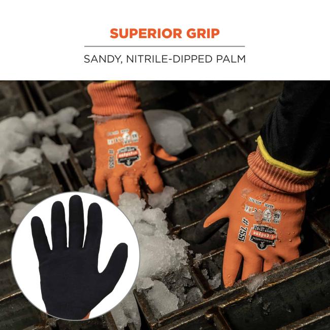 Superior grip: Sandy, nitrile-dipped palm. Circle shows palm detail.