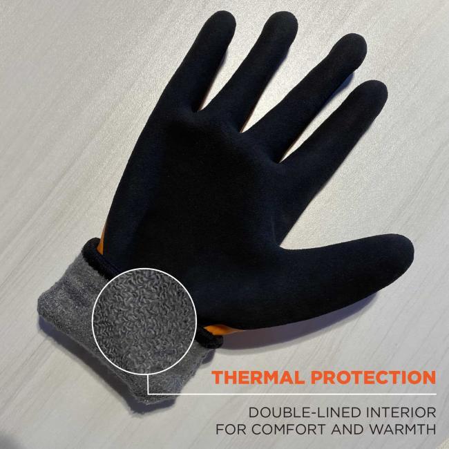 Waterproof: fully coated latex dip keeps hands dry and warm. Icon shows water-resistant outer shell and waterproof membrane providing insulation and keeping skin dry. 