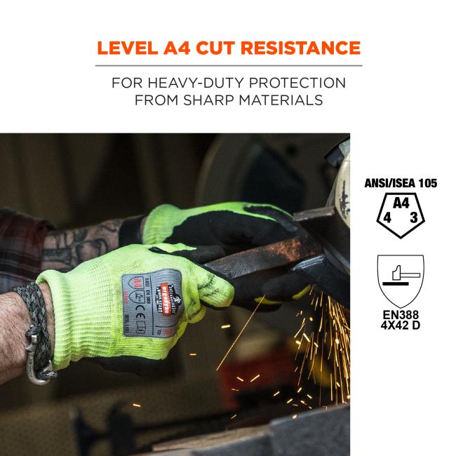 Level A4 cut resistance: for heavy-duty protection from sharp materials.. ANSI/ISEA 105 (A4, 4, 3). EN388 4X42 D. 