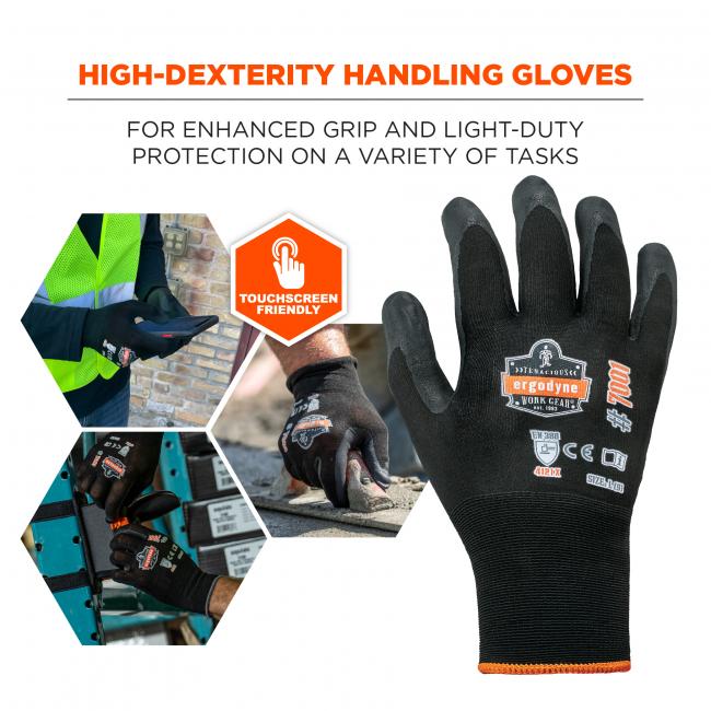 High-dexterity handling gloves: for enhanced grip and light-duty protection on a variety of tasks. Touchscreen friendly.