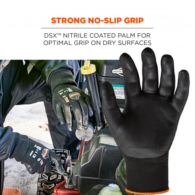 Strong no-slip grip: DSX nitrile coated palm for optimal grip on dry surfaces