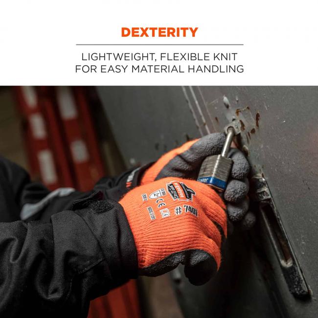 Dexterity: lightweight, flexible knit for easy material handling. Person in photo using tools while wearing gloves