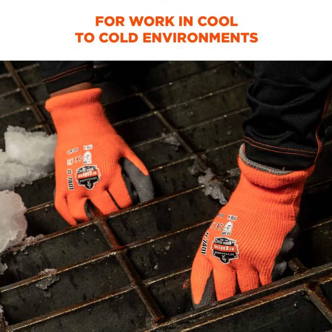 For work in cool to cold environments. Image is person working in the cold wearing gloves. 