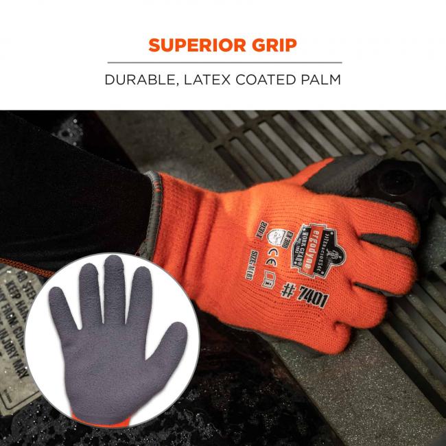 Superior grip: durable, latex coated palm. Image shows palm detail. 