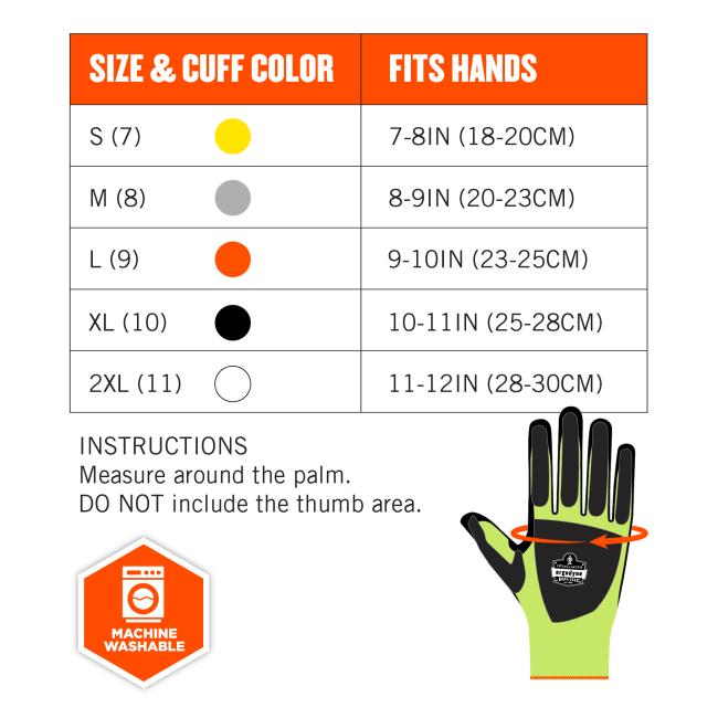 Size chart instructions: measure around the palm. DO NOT include the thumb area. Size & cuff color S(7) fits hands 7-8in(18-20cm). M(8) fits hand 8-9in(20-23cm). L(9) fits hands 9-10in(23-25cm). XL(10) fits hands 10-11in(25-28cm). 2XL(11) fits hands 11-12in(28-30cm). Machine washable.