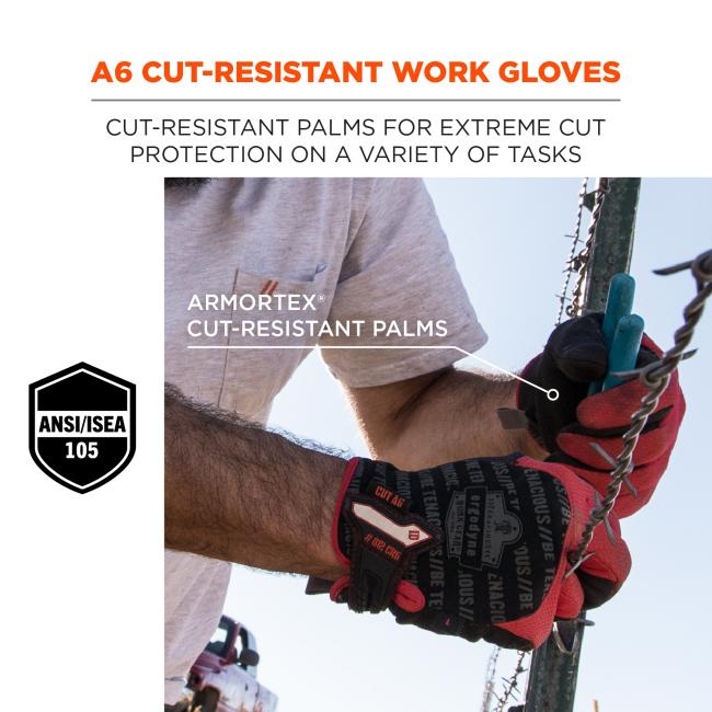 A6 cut-resistant work gloves: Cut-resistant palms for extreme cut protection on a variety of tasks. Arrow pointing to palm says Armortex cut-resistant palms. Icon on lower left says ANSI A6