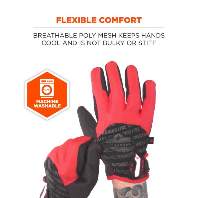 Flexible comfort: Breathable poly mesh keeps hands cool and is not bulky or stiff. Icon says machine washable.