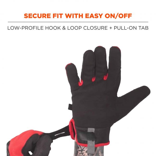 Secure fit with easy on/off: low profile hook & loop closure + pull-on tab