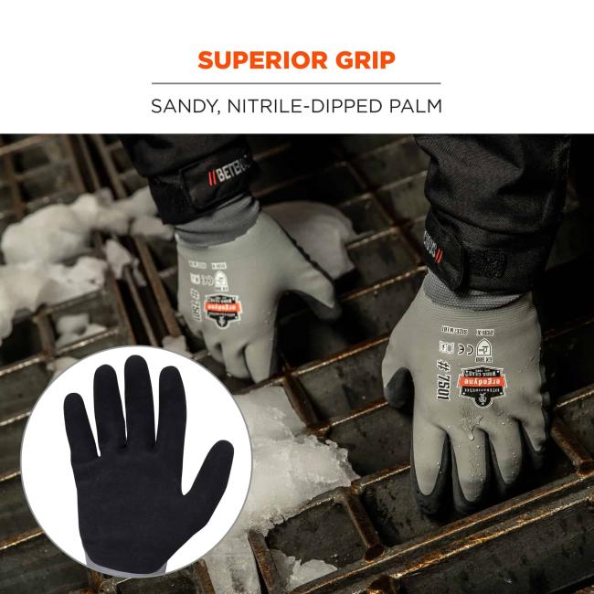 Superior grip: Sandy, nitrile-dipped palm. Circle shows palm detail.