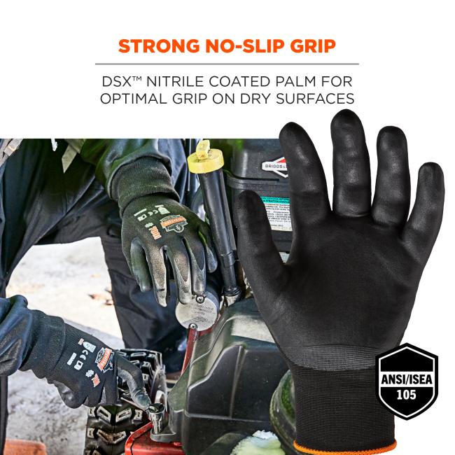 Strong no-slip grip: DSX nitrile coated palm for optimal grip on dry surfaces