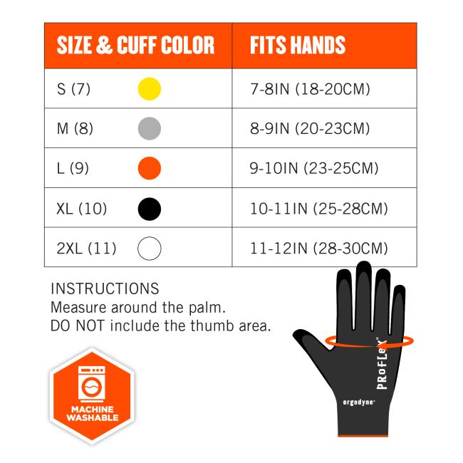 Size chart instructions: measure around the palm. DO NOT include the thumb area. Size & cuff color S(7) fits hands 7-8in(18-20cm). M(8) fits hand 8-9in(20-23cm). L(9) fits hands 9-10in(23-25cm). XL(10) fits hands 10-11in(25-28cm). 2XL(11) fits hands 11-12in(28-30cm). Machine washable.