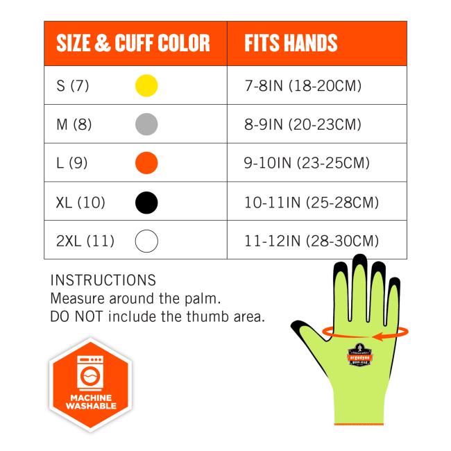 Size chart instructions: measure around the palm. DO NOT include the thumb area. Size & cuff color S(7) fits hands 7-8in(18-20cm). M(8) fits hand 8-9in(20-23cm). L(9) fits hands 9-10in(23-25cm). XL(10) fits hands 10-11in(25-28cm). 2XL(11) fits hands 11-12in(28-30cm). Machine washable.  