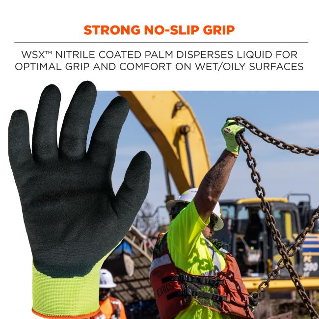 Strong no-slip grip: WSX nitrile coated palm disperses liquid for optimal grip and comfort on wet/oily surfaces.