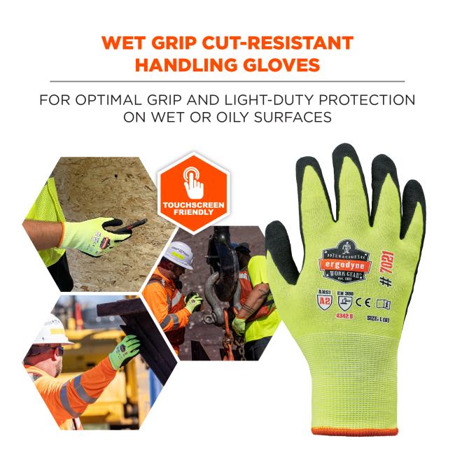 Wet grip cut-resistant handling gloves: for optimal grip and light-duty protection on wet or oily surfaces. Touchscreen friendly.