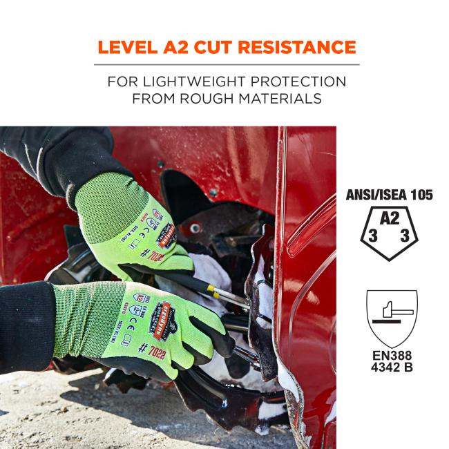 Level A2 cut resistance: for lightweight protection from rough materials. ANSI/ISEA 105 (A2, 3, 3). EN388 4342 B
