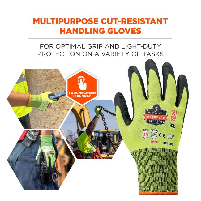 Multipurpose cut-resistant handling gloves: for optimal grip and light-duty protection on a variety of tasks. Touchscreen friendly.