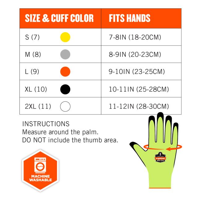 Size chart instructions: measure around the palm. DO NOT include the thumb area. Size & cuff color S(7) fits hands 7-8in(18-20cm). M(8) fits hand 8-9in(20-23cm). L(9) fits hands 9-10in(23-25cm). XL(10) fits hands 10-11in(25-28cm). 2XL(11) fits hands 11-12in(28-30cm). Machine washable.  