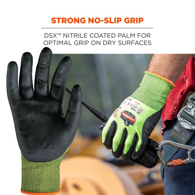 Strong no-slip grip: DSX nitrile coated palm for optimal grip on dry surfaces.