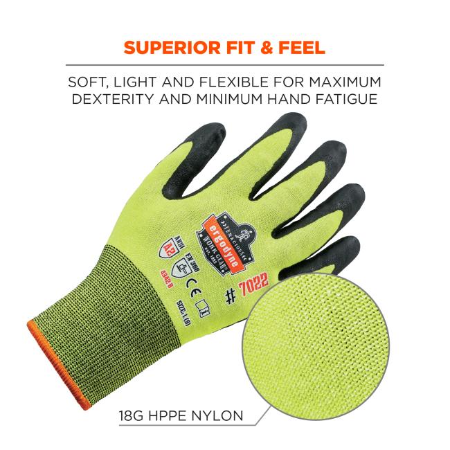 Superior fit & feel: soft, light and flexible for maximum dexterity and minimum hand fatigue. 18G HPPE nylon