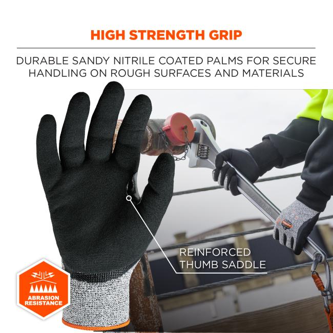 High strength grip: durable sandy nitrile coated palms for secure handling on rough surfaces or materials. Reinforced thumb saddle. Abrasion resistance. 