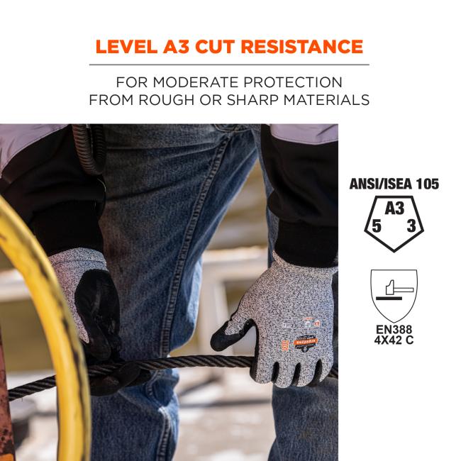 Level A3 cut resistance: for moderate protection from rough or sharp materials. ANSI/ISEA 105 (A3, 5, 4). EN388 4X42 C