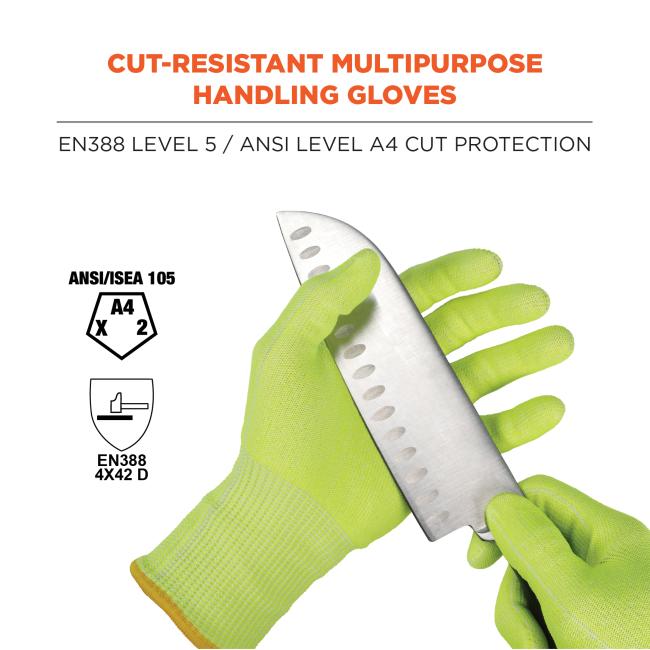 Cut-resistant multipurpose handling gloves: EN388 Level 5 / ANSI Level A4 Cut Protection. Image shows knife being pulled across gloves. Icons on left say “ANSI A4” and “EN388 354X D”