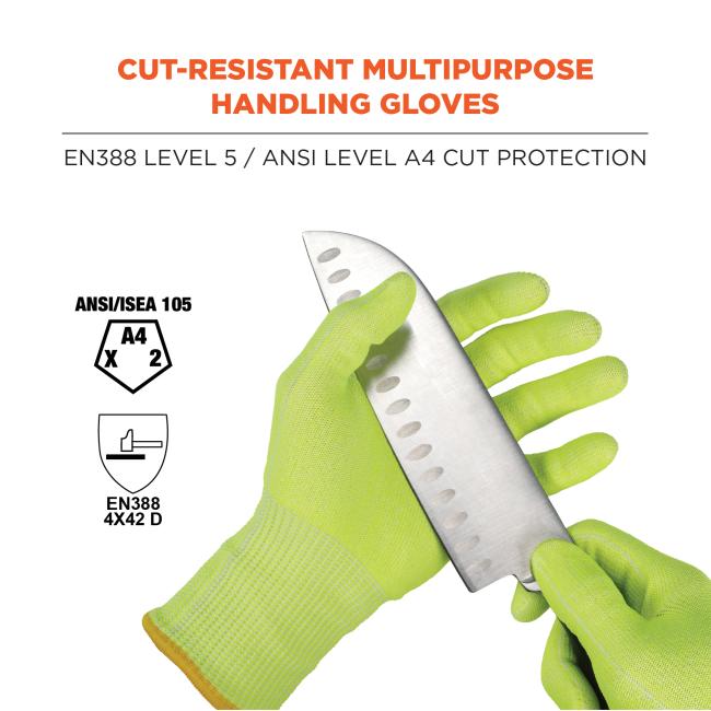 Cut-resistant multipurpose handling gloves: EN388 Level 5 / ANSI Level A4 Cut Protection. ANSI/ISEA 105 (A4, X, 2). EN388 4X42 D. 
