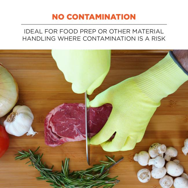 No contamination: Ideal for food prep or other material handling where contamination is a risk. Image shows person wearing gloves and preparing food. 