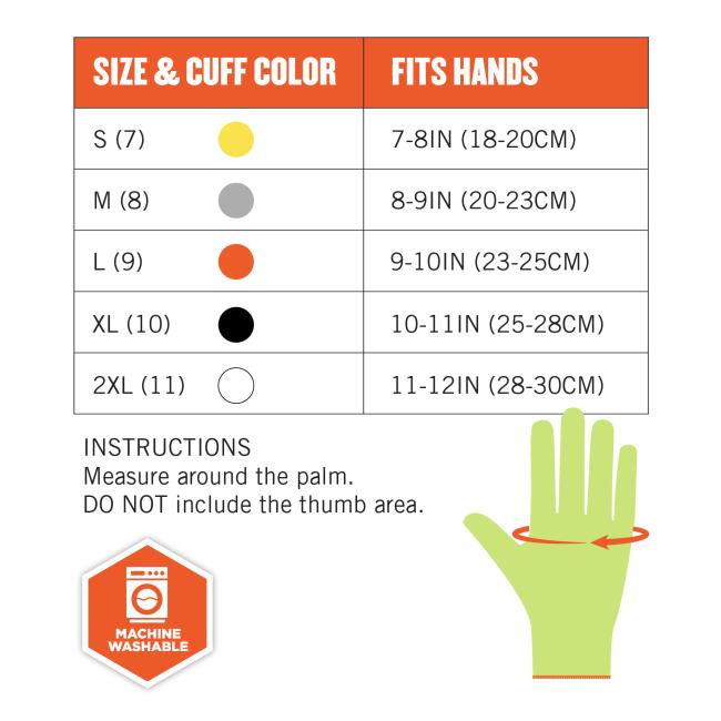 Size chart instructions: measure around the palm. DO NOT include the thumb area. Size & cuff color S(7) fits hands 7-8in(18-20cm). M(8) fits hand 8-9in(20-23cm). L(9) fits hands 9-10in(23-25cm). XL(10) fits hands 10-11in(25-28cm). 2XL(11) fits hands 11-12in(28-30cm). Machine washable.  