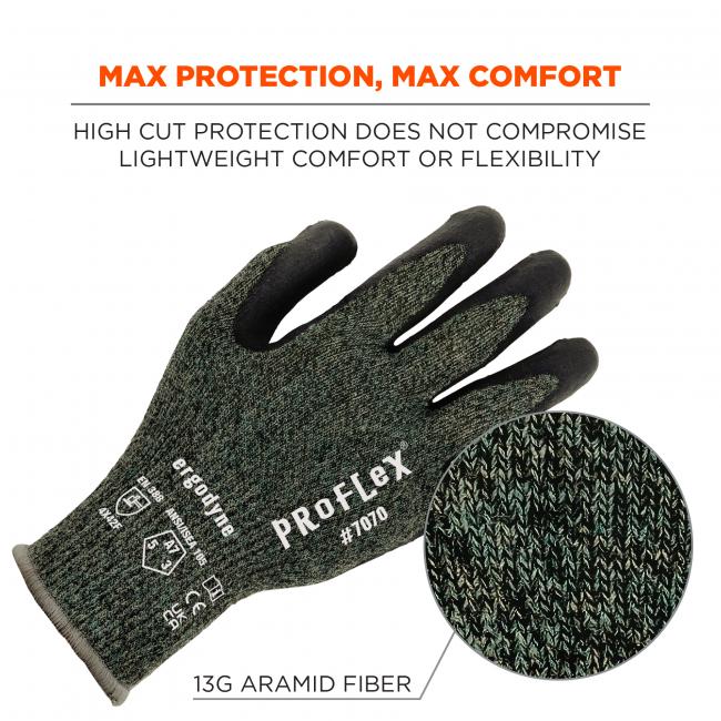 Max protection, max comfort: high cut protection does not compromise lightweight comfort or flexibility. 13G aramid fiber.