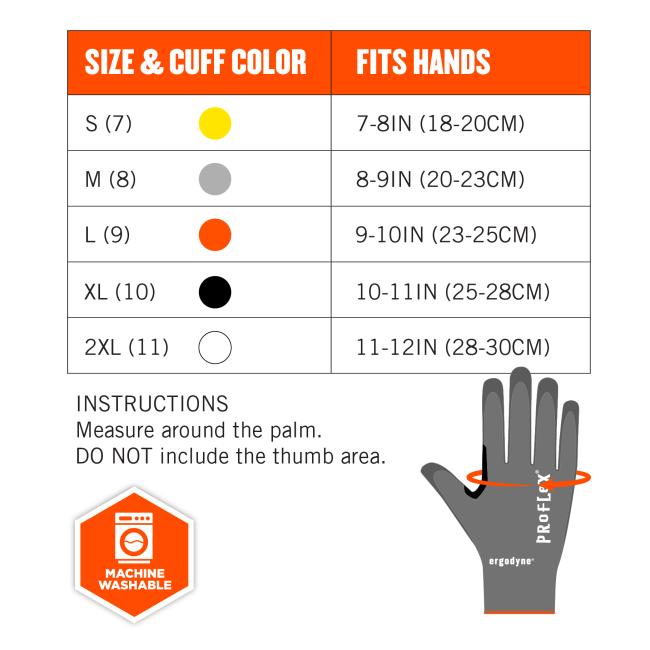 Size chart instructions: measure around the palm. DO NOT include the thumb area. Size & cuff color S(7) fits hands 7-8in(18-20cm). M(8) fits hand 8-9in(20-23cm). L(9) fits hands 9-10in(23-25cm). XL(10) fits hands 10-11in(25-28cm). 2XL(11) fits hands 11-12in(28-30cm). Machine washable