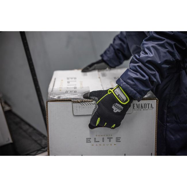 Insulated freezer glove on model holding a box