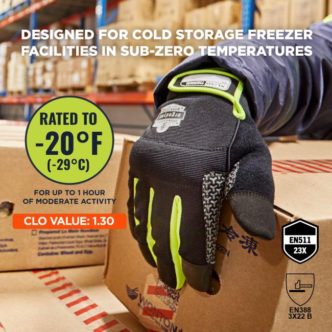 Designed for cold storage freezer facilities in sub-zero temperatures. Rated to -20 degrees fahrenheit or -29 degrees Celsius for up to 1 hours of moderate acitivity. CLO value of 1.30